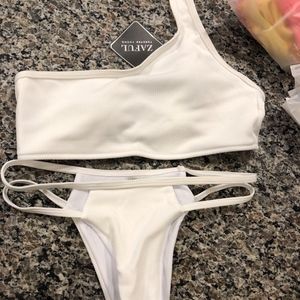 One Shoulder Ribbed Ladder Cut Bikini - NEW